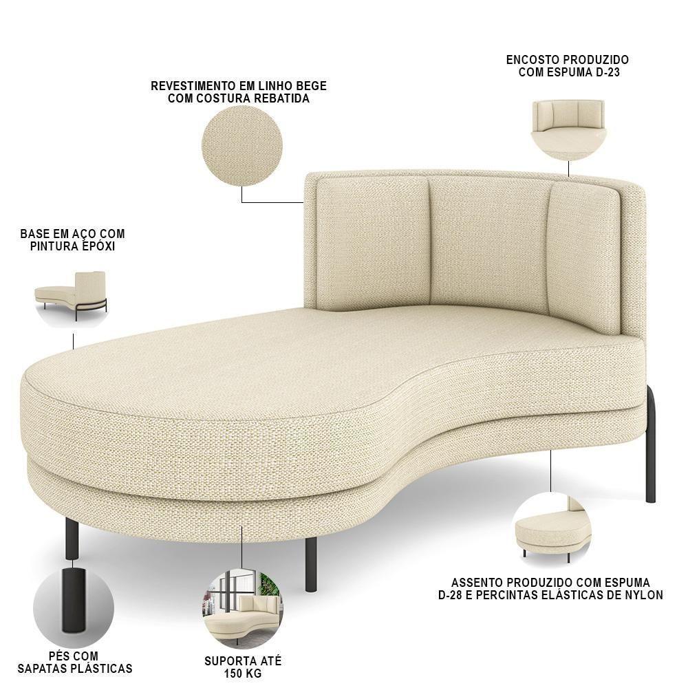 Sofá Chaise Longue Living Lucca Esquerdo D02 Linho Creme D-463 - 5