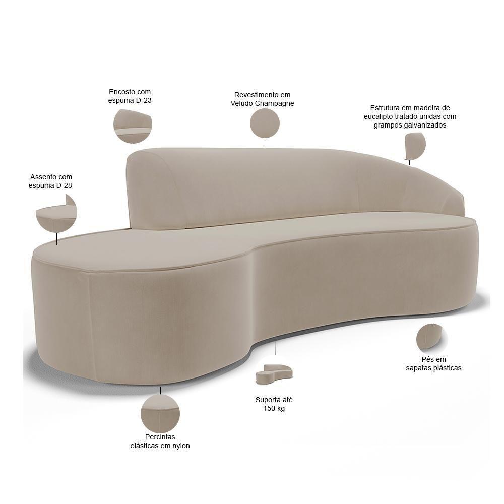 Sofá 3 Lugares Curvo Living Firenze Direito D02 Veludo Champagne 180cm C-68 - Lyam - 6