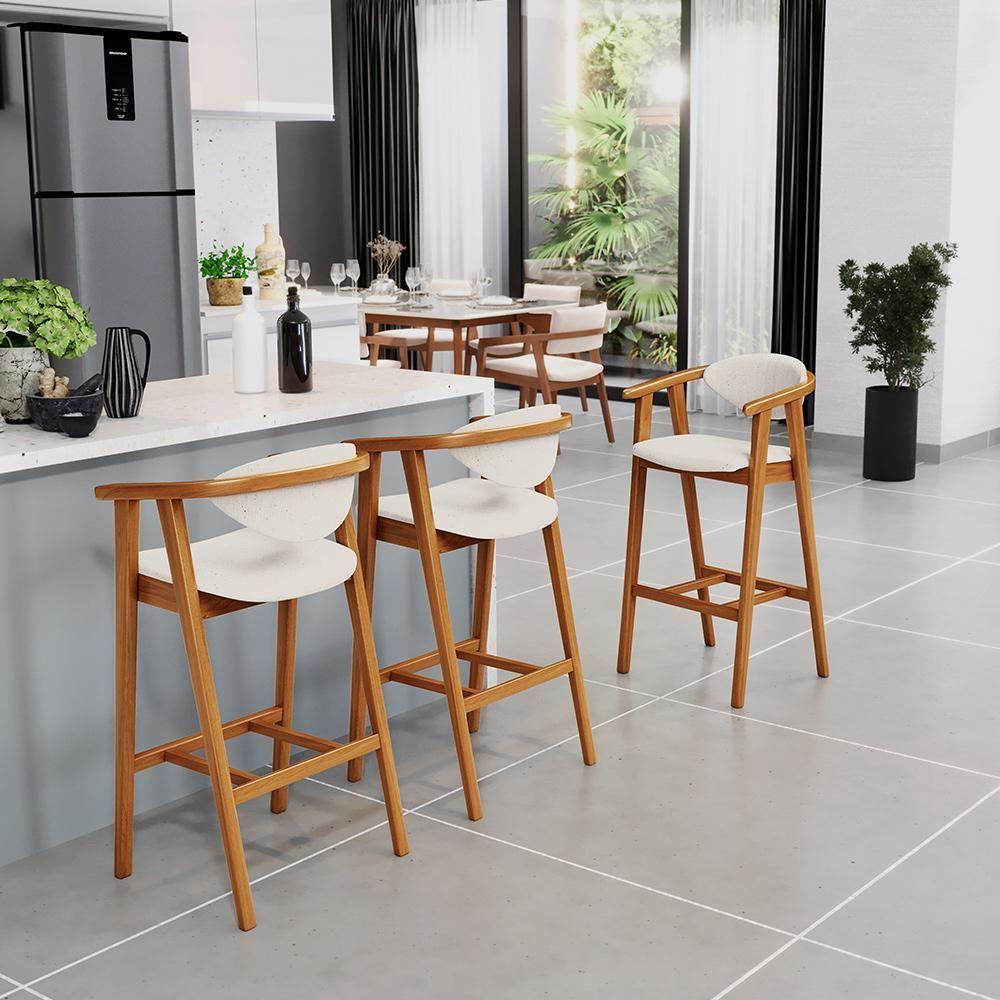 Kit 02 Banquetas Alta Para Cozinha Bancada Bar Sala De Jantar Fixa Cecília L02 Linho Cru - 6