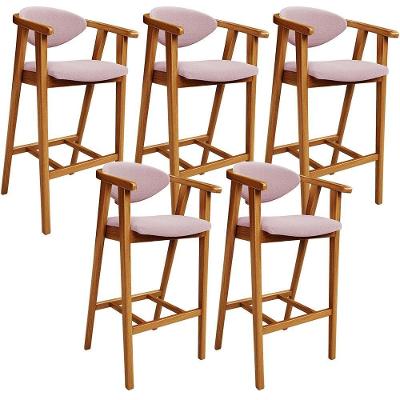 Kit 05 Banquetas Alta Cecília L02 Assento Poliéster Base Fixa com Encosto Rosê para Cozinha