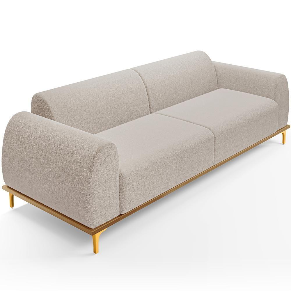 Sofá 4 Lugares Kiev 260cm D02 Base Castanho Pés D'ouro Bouclê Creme B-54 - 1