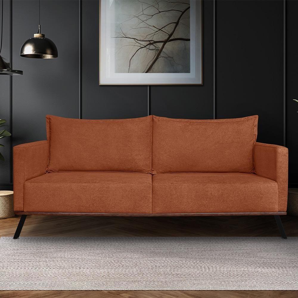 Sofá Living 3 Lugares Com Pés De Ferro Almofadas Soltas 220cm Saiph Bouclê Terracota - 1