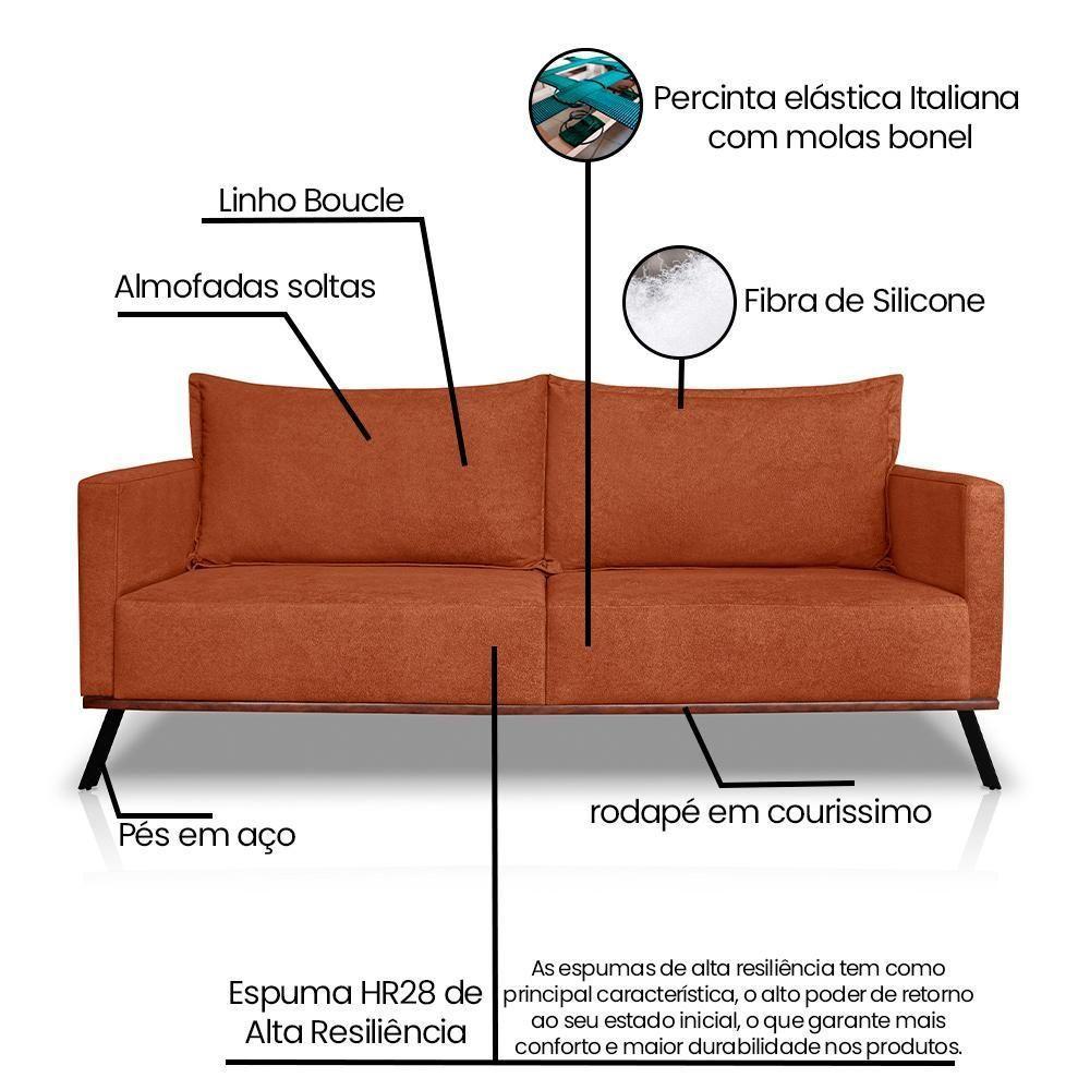 Sofá Living 3 Lugares Com Pés De Ferro Almofadas Soltas 220cm Saiph Bouclê Terracota - 5