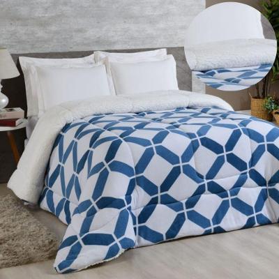 Edredom Coberdrom Sonobom Solteiro Sherpa E Manta - Geométrico Azul
