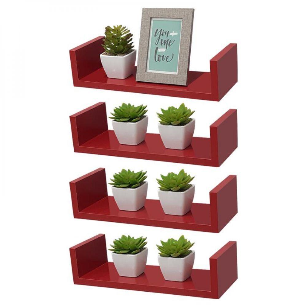 Kit 4 Prateleiras U 40 X 15cm Vermelha Suporte Invisível - 4