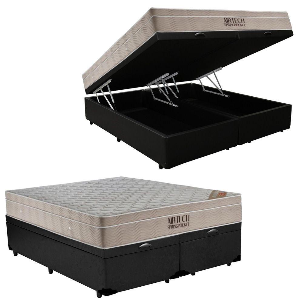 Cama Box Baú Queen Sintético Bipartido + Colchão Airtech Molas Ensacadas 65x158x198 Cor:preto - 1