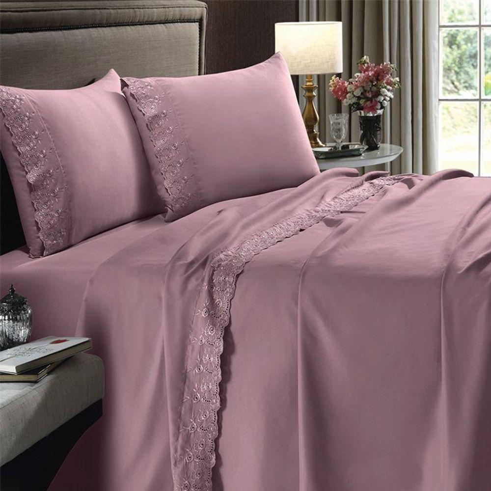 Jogo De Cama Buettner King 4 Pçs Com Aplicação De Renda Rosa - 1