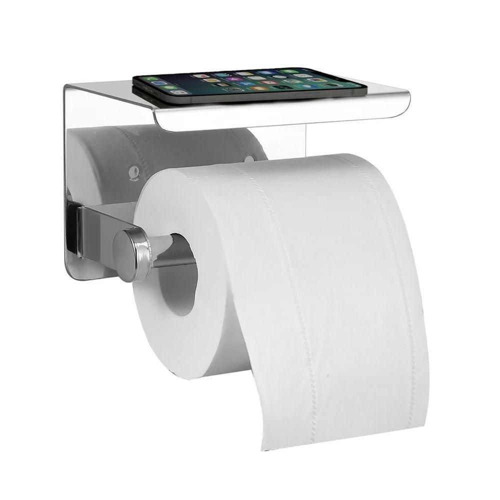 Suporte Papel Higienico Inox Banheiro Lavabo Prateleira Apoio Celular Objeto Parede Multiuso - 1