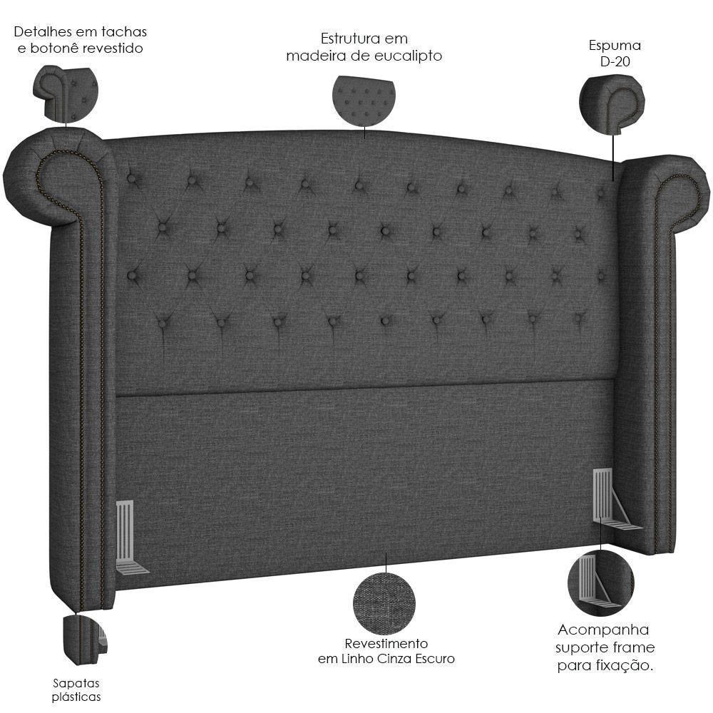 Cabeceira Cama Box King Com Tachas 195 Cm Sofia P05 Linho Cinza Escuro - Lyam Decor - 2