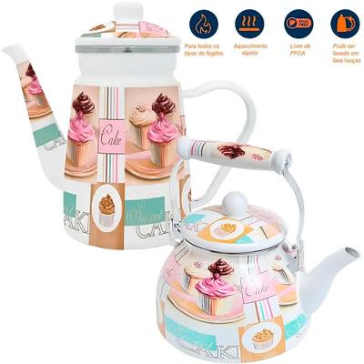 Kit Chaleira 2,5l Bule 1,2l Cake Esmaltados Vintage Indução