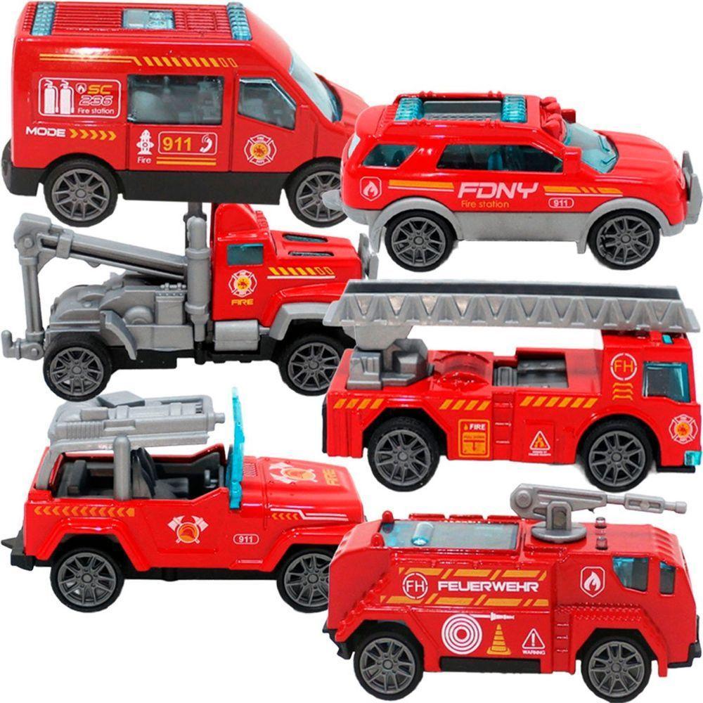 Kit 6 Carrinhos De Brinquedo Bombeiro Miniatura Colecionável - 5