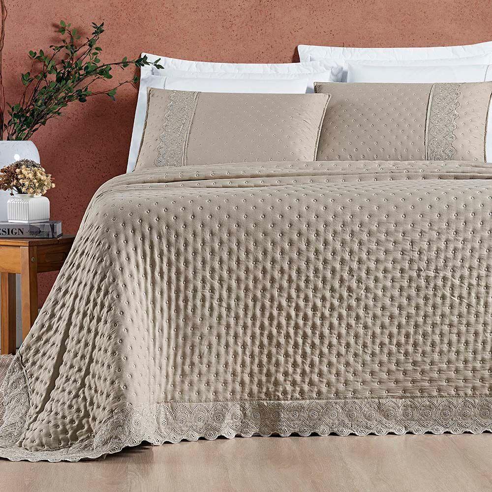 Kit Cobre Leito Colcha Nobre Casal King 3 Peças Micropercal 200 Fios Matelado - Taupe - 1