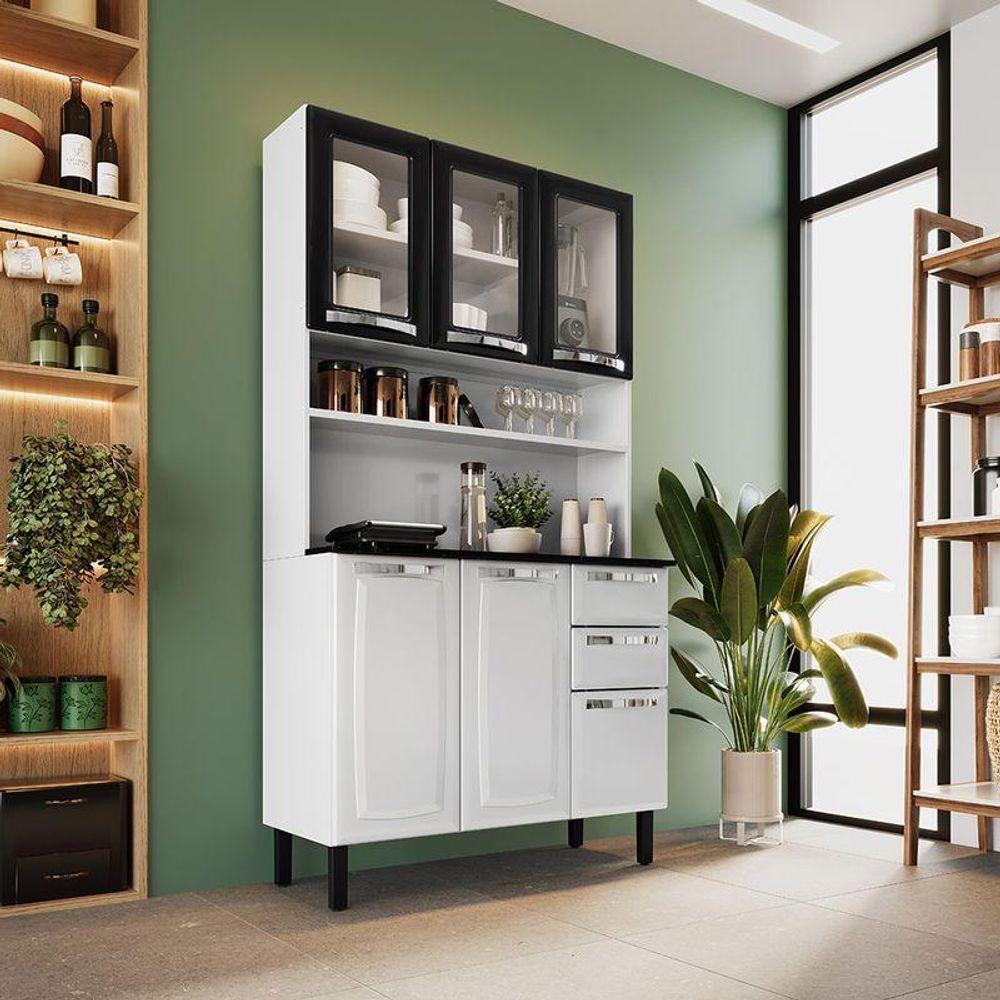 Kit De Cozinha Compacta Branco E Preto Em Aço 6 Portas 3 Vidros 2 Gavetas Pratika - 2