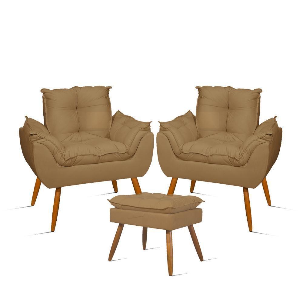 Kit 02 Poltronas Decorativas + 01 Puff Para Apoio Dos Pés Cor:capuccino Capuccino - 1