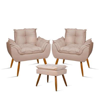 Kit Luxo 02 Poltronas Amamentação Suede + 1 Puff Pés Palito Cor:bege Bege
