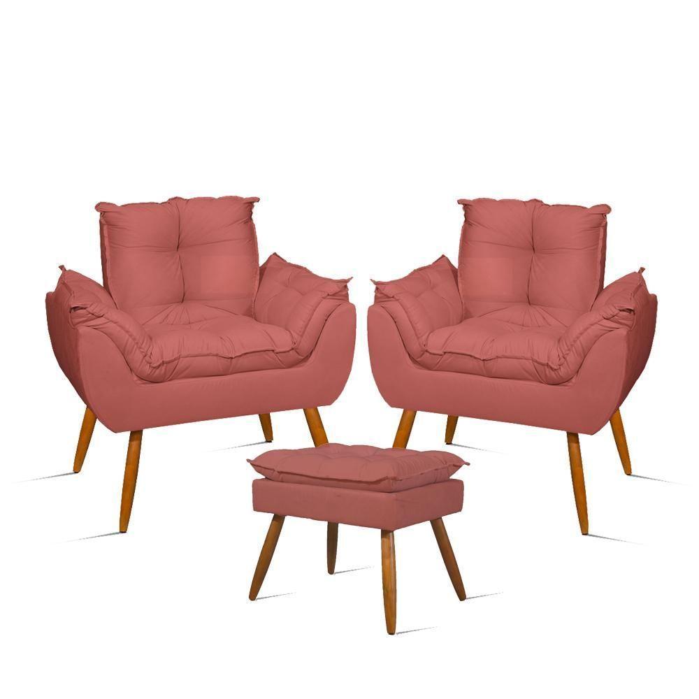 Kit Luxo 02 Poltronas Amamentação Suede + 1 Puff Pés Palito Cor:rosa Rosa - 1