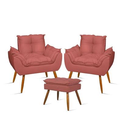 Kit 2 Poltronas Amamentação Suede Com Puff Pés Palito Rosa Balaqui Decor