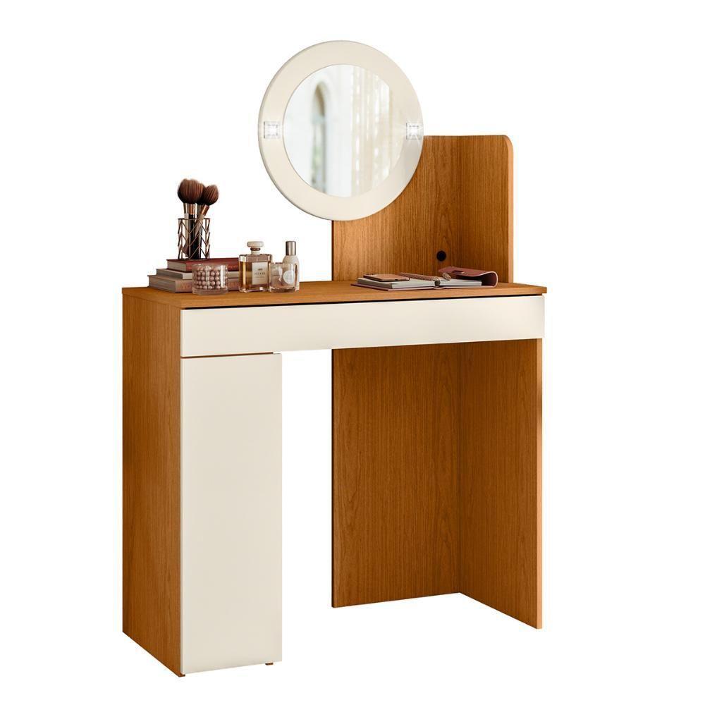 Penteadeira Camarim Aurea Com 1 Gaveta 1 Porta Espelho E Led Cinamomo/off White - 1