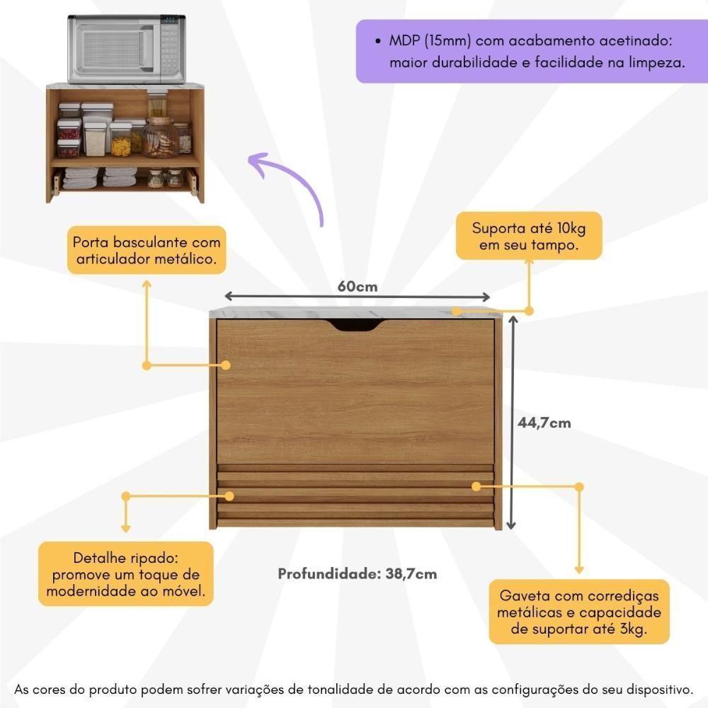 Balcão Suspenso Para Forno/micro-ondas 1 Porta E 1 Gaveta Multimóveis CR20345 Amêndoa/mármore Branco - 5