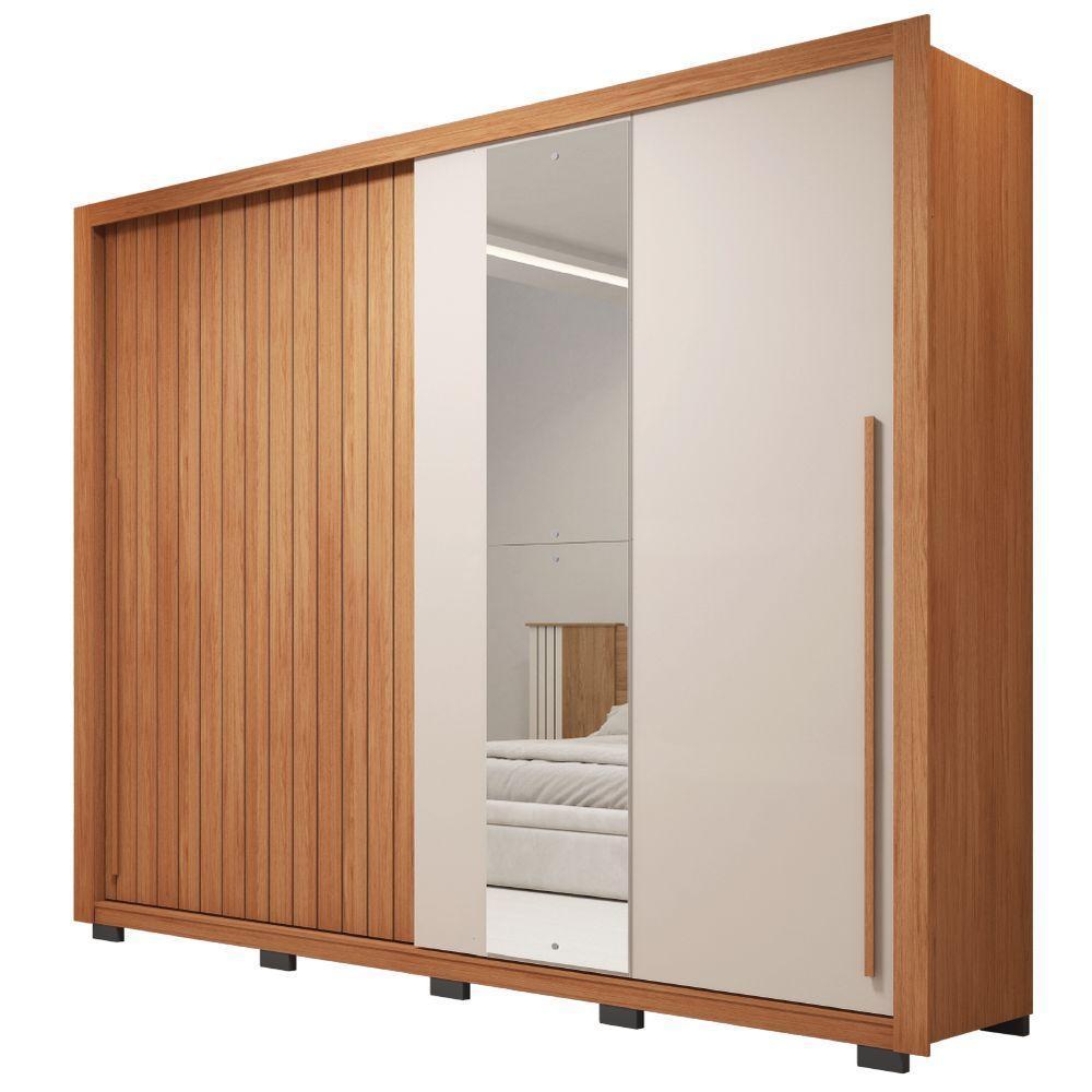 Guarda Roupas Casal Ripado E Espelho 2 Portas 4 Gavetas Madeirado/off White Eloa Caemmun Freijó/off - 1