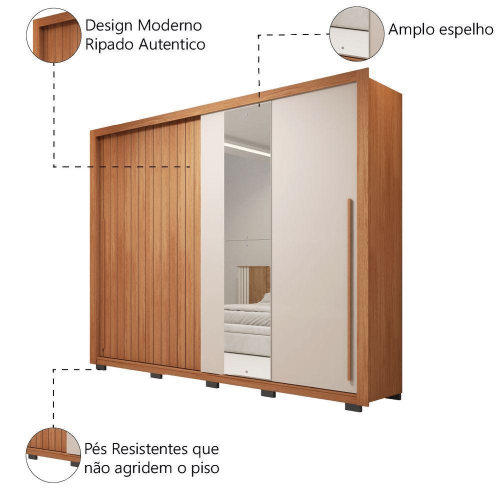 Guarda Roupas Casal Ripado E Espelho 2 Portas 4 Gavetas Madeirado/off White Eloa Caemmun Freijó/off - 4