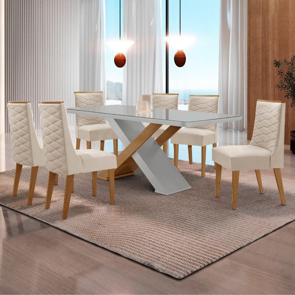 Mesa Sala De Jantar Carol 180cm E 6 Cadeiras Safira Moderna Veludo Creme/off White/imbuia - 1