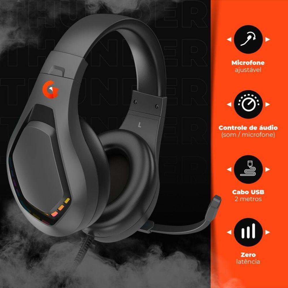 Fone De Ouvido Headset Gamer, Thunder Light, Usb 7.1, Rgb Geonav Preto - 4