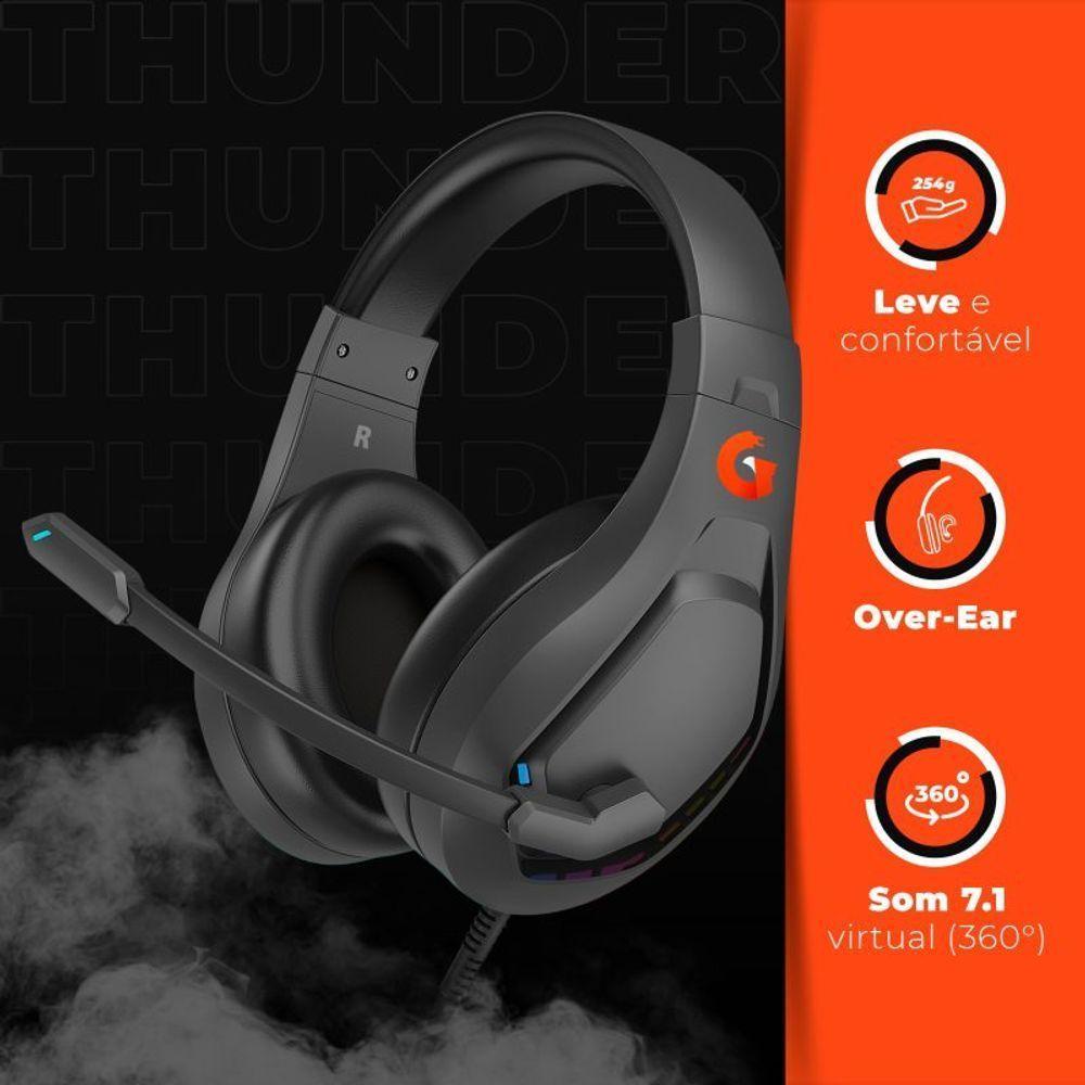 Fone De Ouvido Headset Gamer, Thunder Light, Usb 7.1, Rgb Geonav Preto - 5