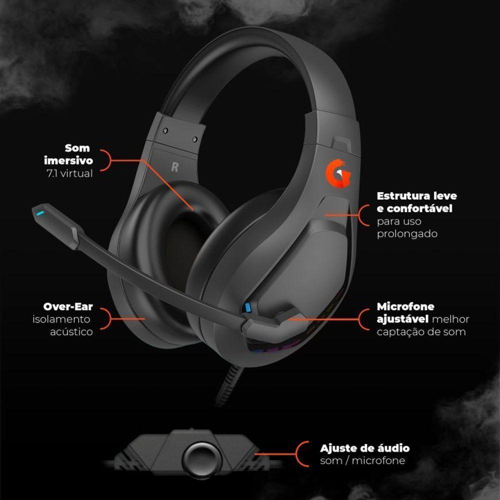 Fone De Ouvido Headset Gamer, Thunder Light, Usb 7.1, Rgb Geonav Preto - 7