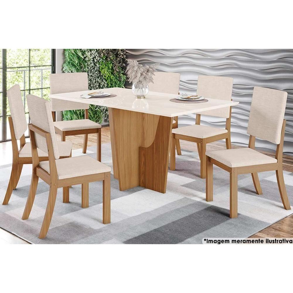 Sala de Jantar Completa Vértice Tampo Madeirado c/ Vidro 160x80cm e 6 Cadeiras Milla Nature/Veludo Light Linho - Henn - 1