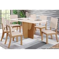 Sala de Jantar Completa Vértice Tampo Madeirado c/ Vidro 160x80cm e 6 Cadeiras Milla Nature/Veludo Light Linho - Henn - 1