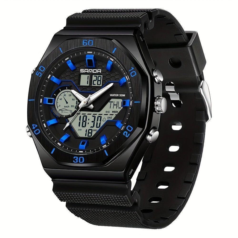 Relógio Esportivo Masculino Analógico Com Dupla Exibição Multifuncional Impermeavel Preto Azul - 1