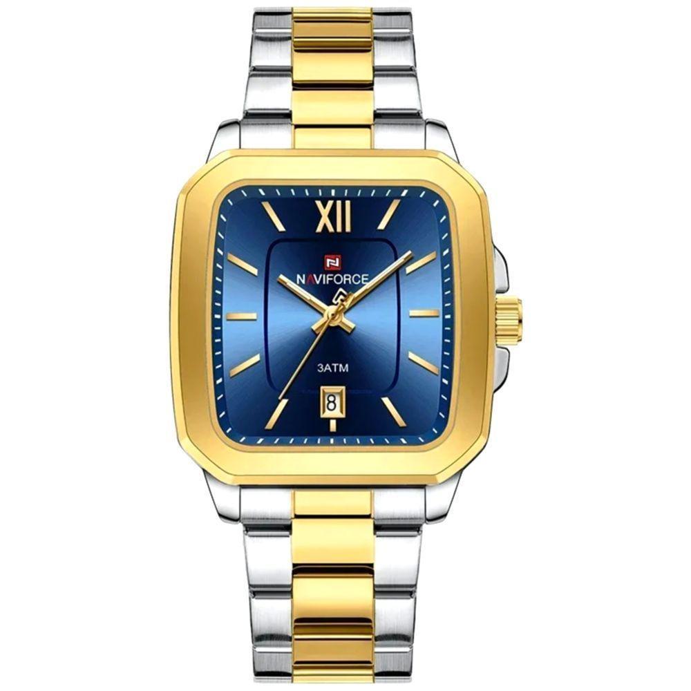 Relógio De Quartzo Masculino Casual Mostrador Quadrado Em Aço Inoxidável Impermavel Azul Dourado - 1