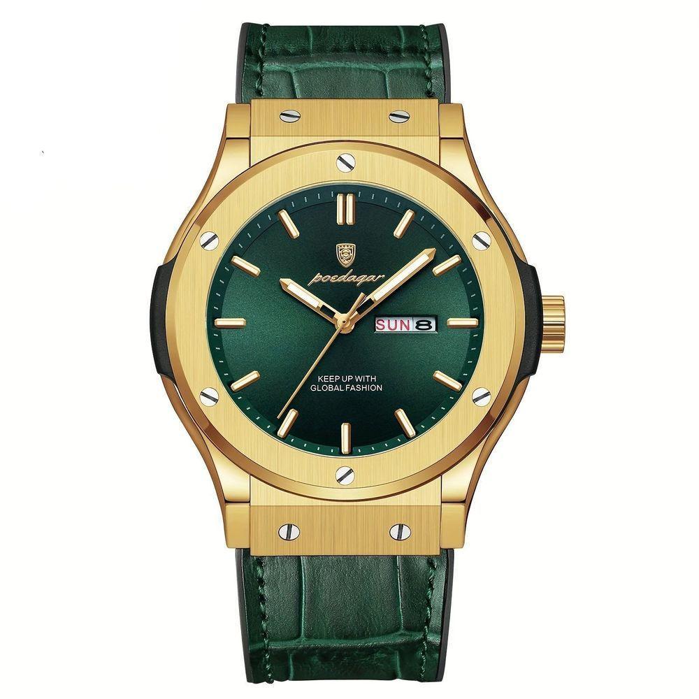 Relógio De Quartzo Masculino Com Mostrador Luminoso Design Casual Impermeavel 3atm Verde Dourado - 1