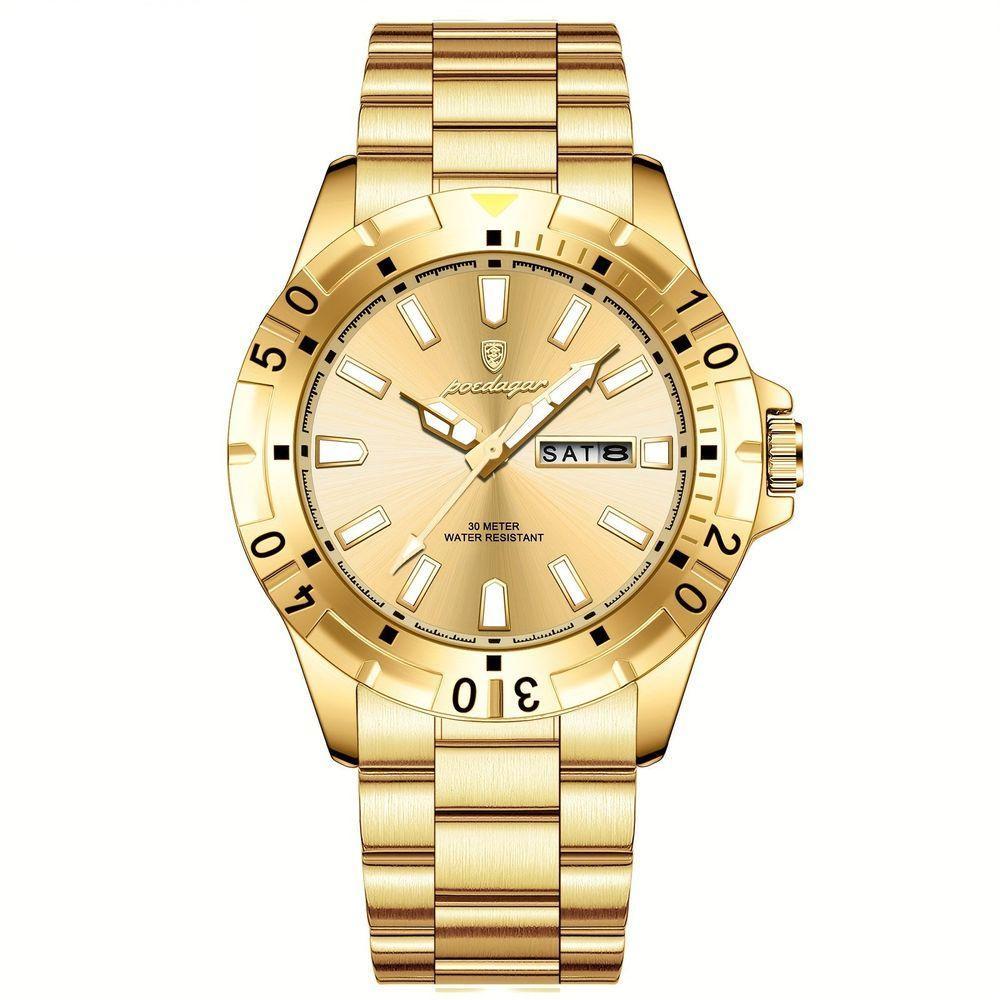Relógio Masculino Impermeável Pulseira De Aço Inoxidável Movimento Quartzo Estilo Casual Dourado - 1