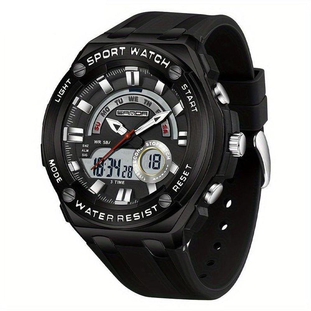 Relógio De Pulso Masculino à Prova D'água 50m Esportivo Multifuncional Com Pulseira De Silicone Preto Branco - 1