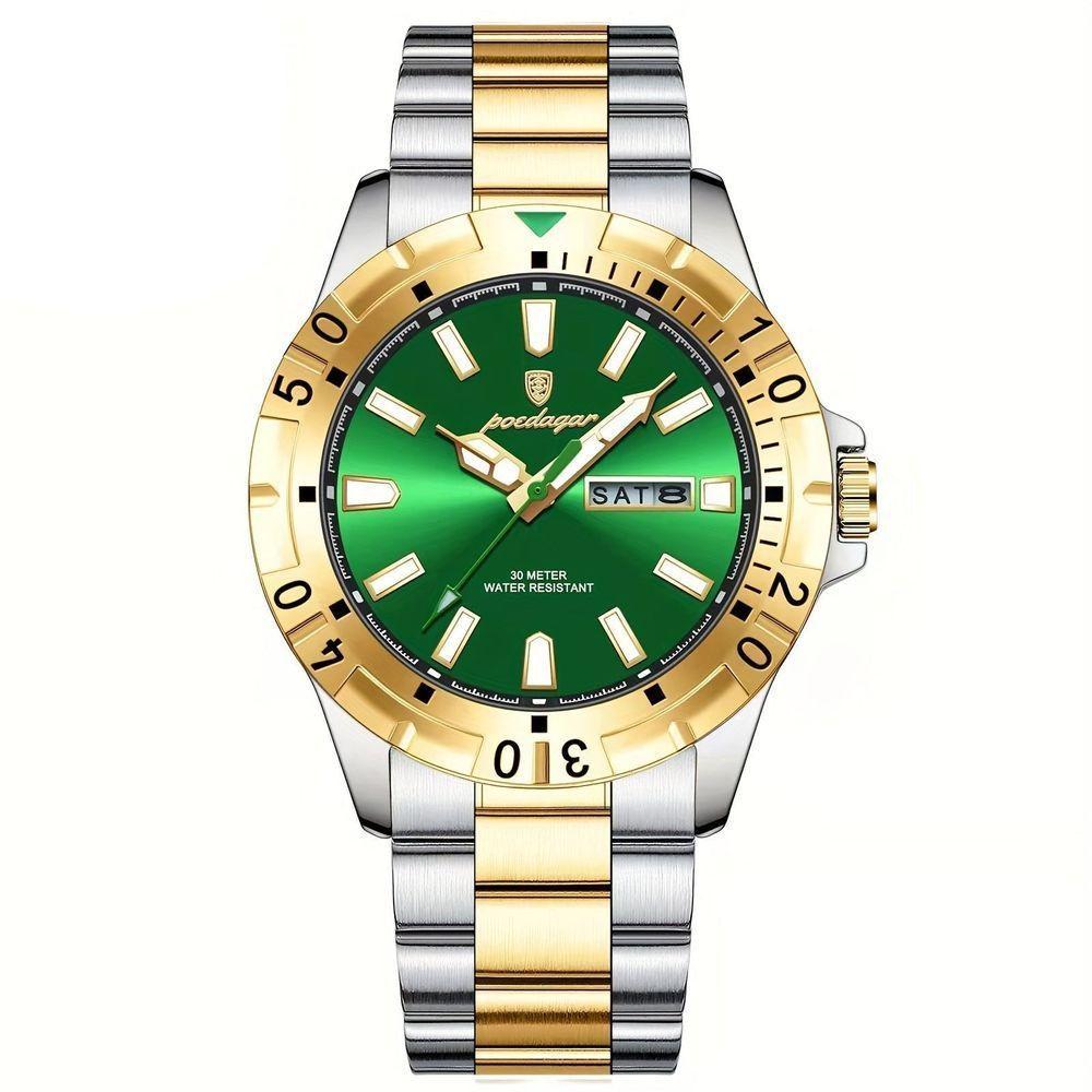 Relógio Masculino Impermeável Pulseira De Aço Inoxidável Movimento Quartzo Estilo Casual Verde Dourado - 1