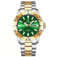 Relógio Masculino Impermeável Pulseira De Aço Inoxidável Movimento Quartzo Estilo Casual Verde Dourado - 1
