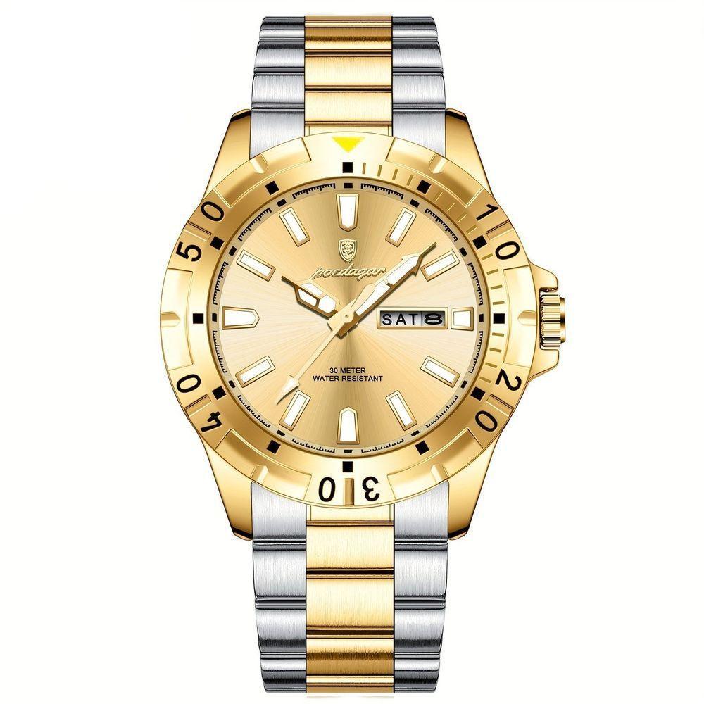 Relógio Masculino Impermeável Pulseira De Aço Inoxidável Movimento Quartzo Estilo Casual Dourado Prata - 1