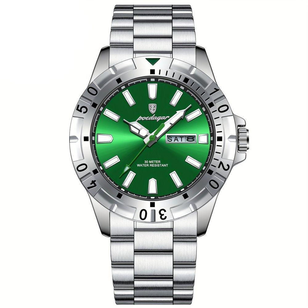 Relógio Masculino Impermeável Pulseira De Aço Inoxidável Movimento Quartzo Estilo Casual Prata Verde - 1