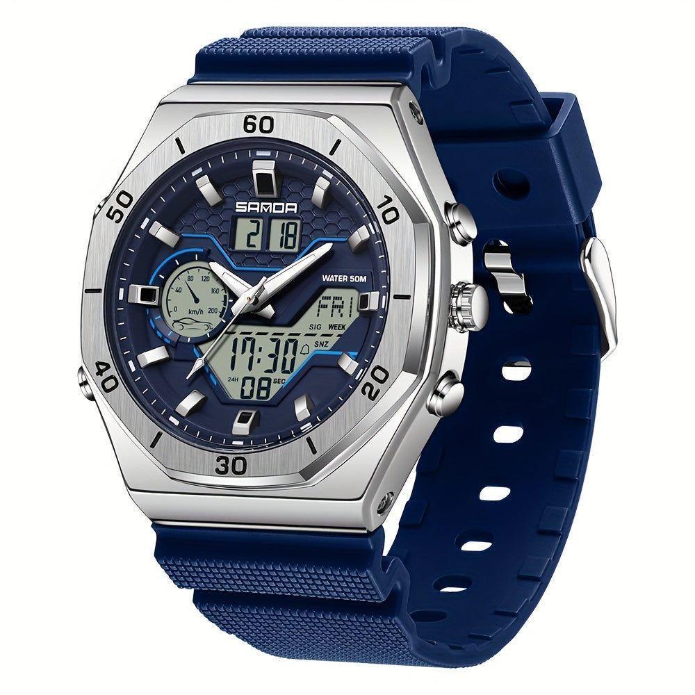 Relógio Esportivo Masculino Analógico Com Dupla Exibição Multifuncional Impermeavel Azul Prata - 1