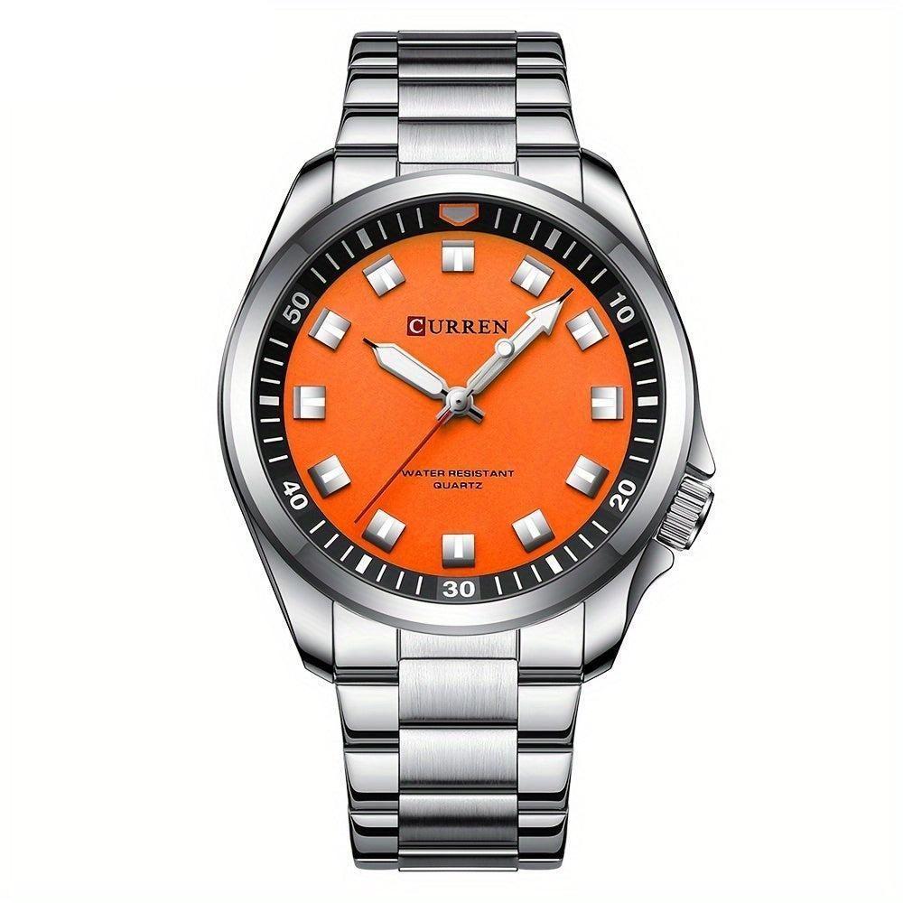 Relógio De Quartzo Masculino Pulseira De Aço Inoxidável Resistente à água 30m Esportivo Prata Laranja - 1
