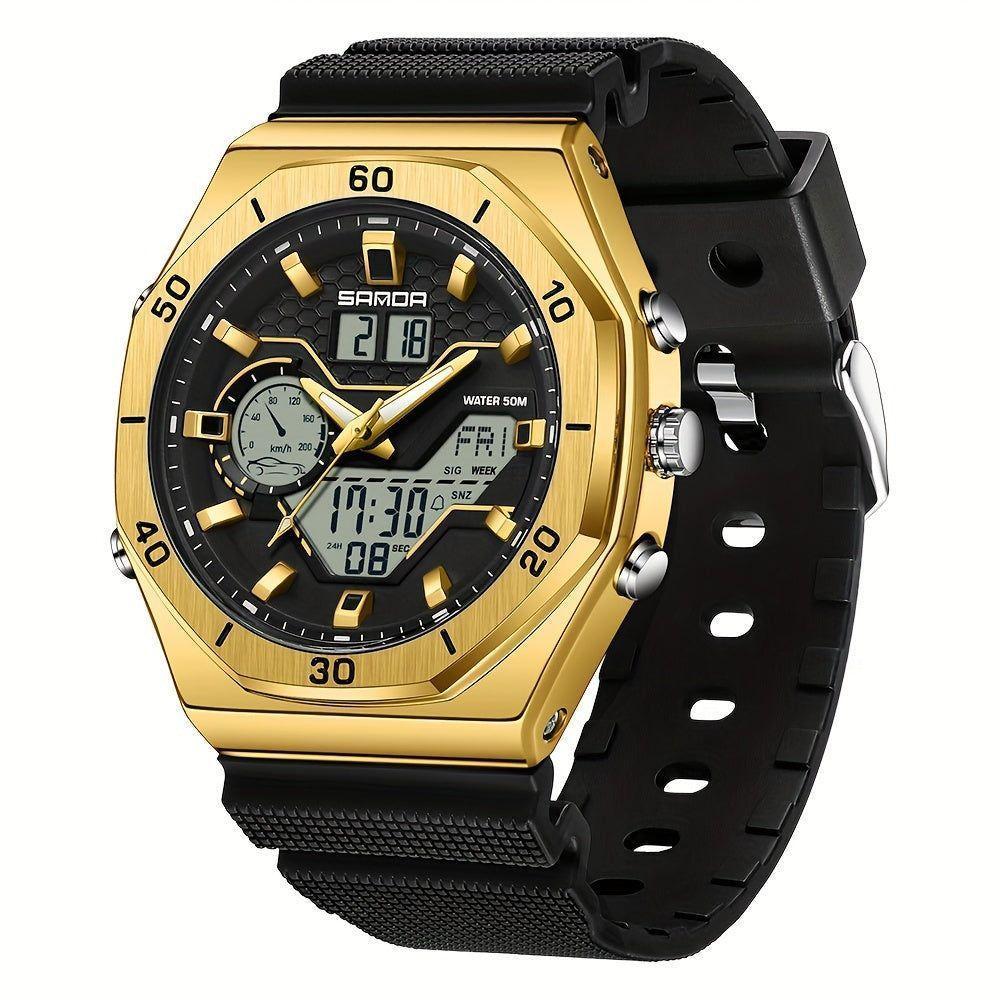 Relógio Esportivo Masculino Analógico Com Dupla Exibição Multifuncional Impermeavel Preto Dourado - 1