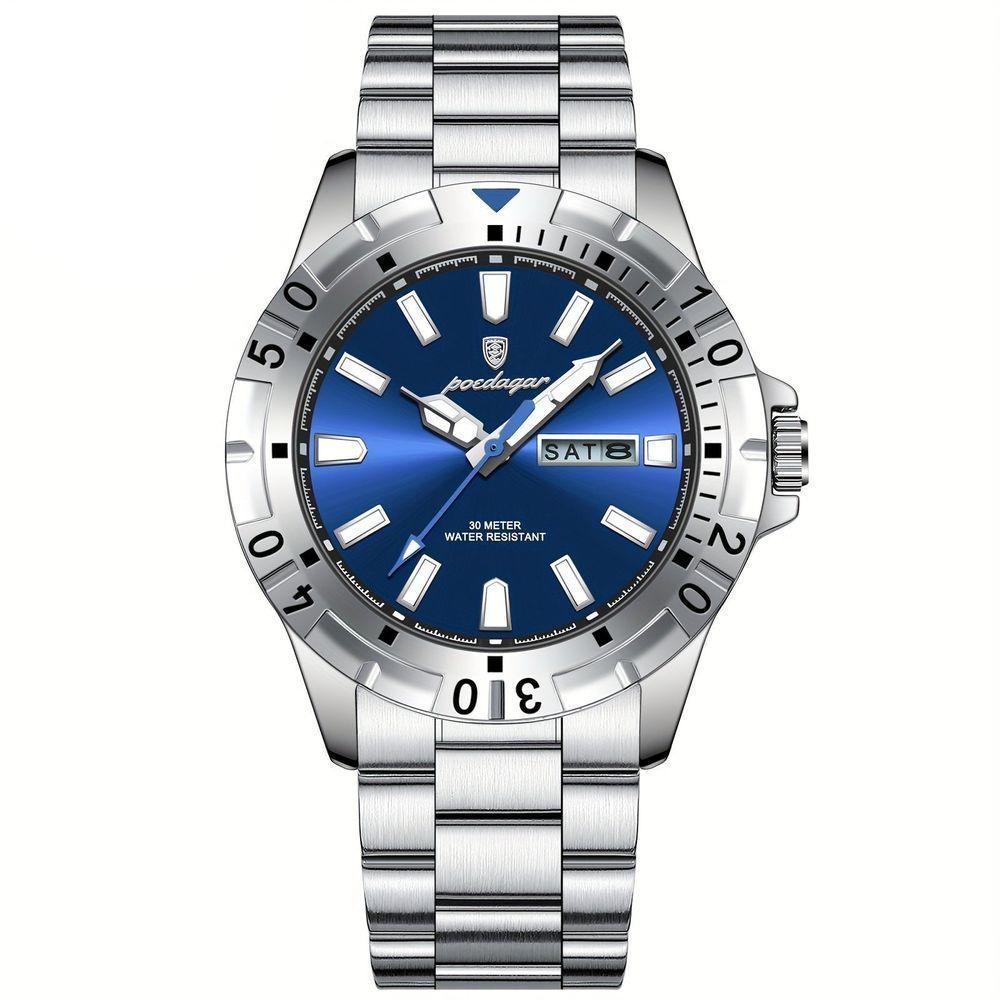 Relógio Masculino Impermeável Pulseira De Aço Inoxidável Movimento Quartzo Estilo Casual Prata Azul - 1