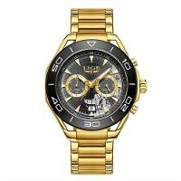 Relógio De Quartzo Para Homens Multifuncional Estilo Casual Com Pulseira De Aço Inoxidável Dourado&preto - 1