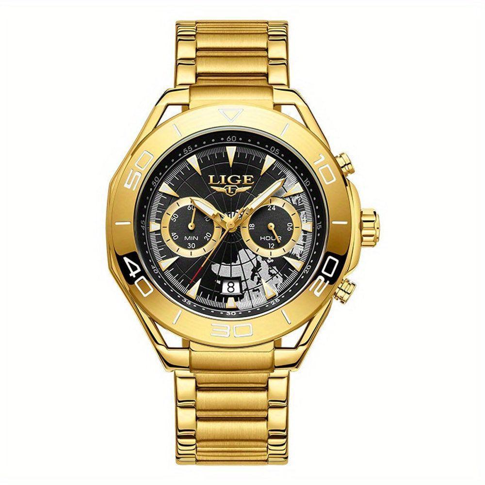 Relógio De Quartzo Para Homens Multifuncional Estilo Casual Com Pulseira De Aço Inoxidável Dourado - 1