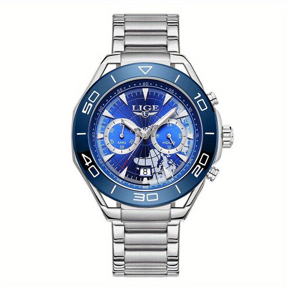 Relógio De Quartzo Para Homens Multifuncional Estilo Casual Com Pulseira De Aço Inoxidável Azul Prateado - 1