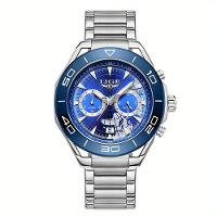 Relógio De Quartzo Para Homens Multifuncional Estilo Casual Com Pulseira De Aço Inoxidável Azul Prateado - 1