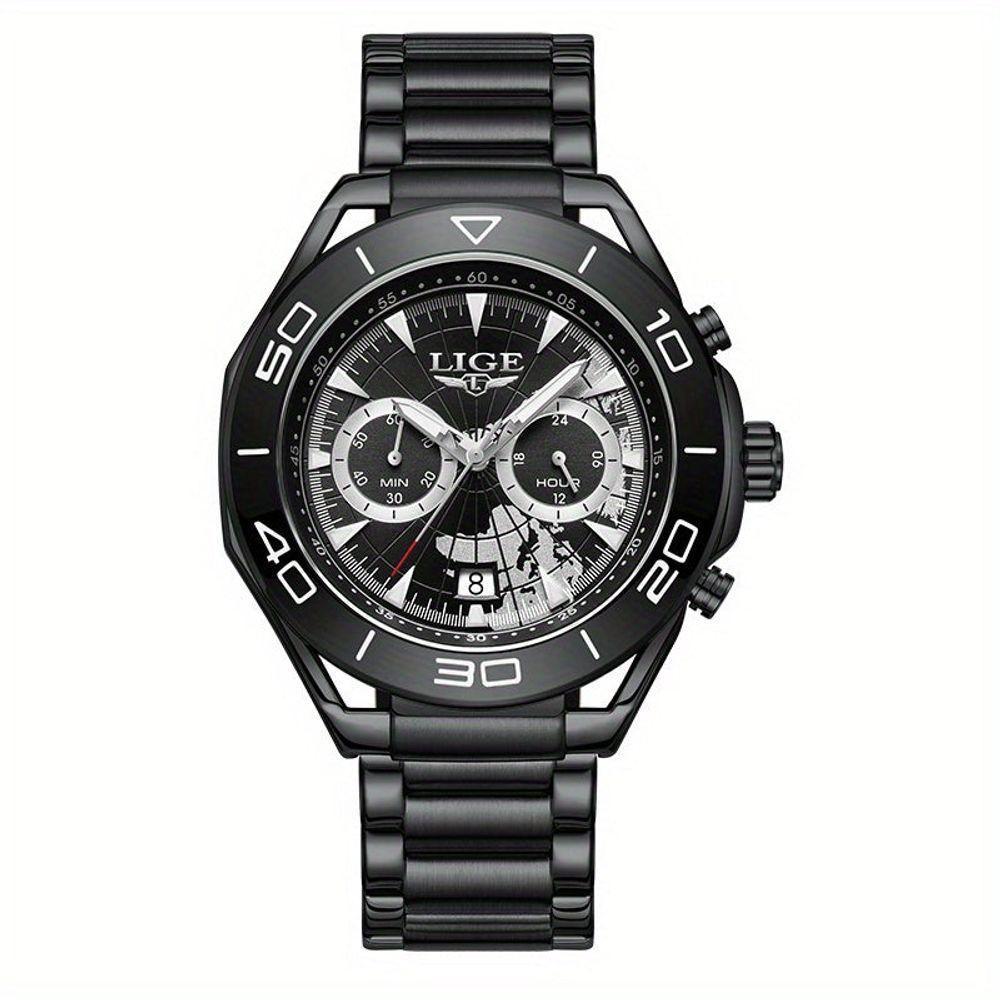 Relógio De Quartzo Para Homens Multifuncional Estilo Casual Com Pulseira De Aço Inoxidável Preto - 1