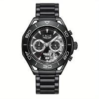 Relógio De Quartzo Para Homens Multifuncional Estilo Casual Com Pulseira De Aço Inoxidável Preto - 1